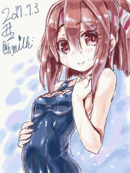 Rule 34 | 10s, 1girl, 2017, blue one-piece swimsuit, breasts, brown eyes, brown hair, dated, hachimaki, headband, high ponytail, kantai collection, light brown hair, looking at viewer, miuku (marine sapphire), one-piece swimsuit, ponytail, school swimsuit, signature, small breasts, solo, swimsuit, upper body, zuihou (kancolle)