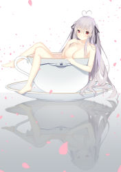 Rule 34 | 1girl, ahoge, bad id, bad pixiv id, barefoot, blush, breasts, cleavage, closed mouth, collarbone, commentary request, cup, hair between eyes, heart, heart ahoge, highres, in container, in cup, large breasts, long hair, looking at viewer, mini person, minigirl, niliu chahui, nude, original, partially submerged, petals, red eyes, reflection, saucer, silver hair, solo, teacup, tokisaki mio (niliu chahui), two side up, very long hair, white background