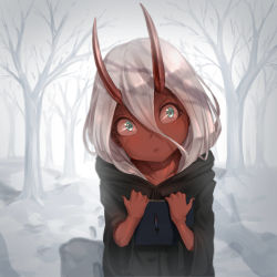 Rule 34 | 10s, 1girl, absurdres, black robe, book, colored skin, darling in the franxx, forest, green eyes, hair between eyes, highres, holding, holding book, horns, long hair, looking at viewer, mega-ne, nature, red skin, robe, silver hair, snow, solo, spoilers, standing, tree, winter, aged down, zero two (darling in the franxx)