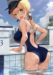 Rule 34 | 1girl, absurdres, anchor hair ornament, ass, back, blonde hair, blush, breasts, competition swimsuit, cowboy shot, green eyes, hair ornament, hat, highres, kantai collection, large breasts, long hair, looking at viewer, looking back, low twintails, military hat, one-piece swimsuit, open mouth, peaked cap, pool, prinz eugen (kancolle), swimsuit, taki rentaro, tree, twintails, water, water drop