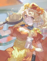 Rule 34 | 1girl, :q, absurdres, alternate costume, alternate hairstyle, apron, arknights, blonde hair, breasts, cleavage, commentary, counter, crazy straw, cup, detached collar, diner, dress, drinking straw, frying pan, gummy (arknights), hat, heart straw, highres, holding, holding cup, holding frying pan, indoors, large breasts, orange dress, orange eyes, orange hat, puffy short sleeves, puffy sleeves, s2roob, short hair, short sleeves, shrimp hair ornament, solo, tongue, tongue out, twintails, upper body, yellow apron