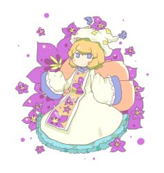Rule 34 | 1girl, animal ears, blonde hair, blue eyes, blush stickers, dress, female focus, flower, fox ears, fox tail, frilled dress, frills, gown, hat, inishie, multiple tails, plant, simple background, sleeves past wrists, smile, solo, tail, tassel, touhou, white background, yakumo ran