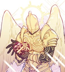 Rule 34 | 1boy, angel, angel wings, arm tattoo, armor, black skin, blush, box, bracer, breastplate, colored skin, cowboy shot, flower, halo, hand of the inheritor, heart-shaped box, helmet, highres, holding, holding box, maiucal, male focus, pathfinder, pauldrons, shoulder armor, solo, standing, tattoo, white background, wings