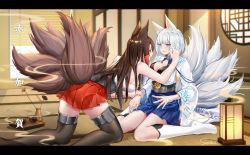Rule 34 | 2girls, absurdres, after kiss, akagi (azur lane), all fours, animal ears, architecture, azur lane, text background, blue eyes, blunt bangs, blush, breasts, brown hair, candle, cheek pinching, cleavage, commentary request, east asian architecture, fox ears, fox tail, full body, highres, incense, incense burner, indoors, japanese clothes, japanese house, kaga (azur lane), kanji, kimono, large breasts, letterboxed, long hair, looking at another, looking at viewer, multiple girls, multiple tails, pinching, red eyes, saliva, saliva trail, short hair, siblings, sisters, sitting, skirt, smile, stardust (chen&#039;ai weiding), tail, translation request, wariza, white hair, wide sleeves, yuri