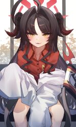 Rule 34 | 1girl, :3, absurdres, ahoge, armband, bare legs, black hair, blue archive, buttons, collarbone, collared shirt, commentary, demon horns, demon tail, fang, hair intakes, halo, highres, horns, huge ahoge, kasumi (blue archive), lab coat, long hair, looking at viewer, narrowed eyes, open mouth, parted bangs, red shirt, ricke 2002, shirt, sitting, skin fang, smile, solo, tail, very long hair, yellow eyes