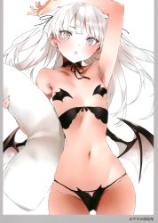 Rule 34 | 1girl, absurdres, arm up, armpits, black panties, breasts, choker, cowboy shot, demon girl, gluteal fold, grey eyes, highres, long hair, low wings, navel, hugging object, original, panties, pasties, pillow, pillow hug, scan, shunsei (muratou), simple background, slit pupils, small breasts, solo, string panties, two side up, underbust, underwear, underwear only, white hair, wings