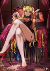 Rule 34 | 1girl, alcohol, bishoujo senshi sailor moon, black dress, blonde hair, breasts, chair, choker, cleavage, cup, curtains, dark persona, double bun, dress, drinking glass, glowing, glowing eyes, hair bun, hair ornament, high heels, highres, indoors, large breasts, long hair, nao3675, red eyes, red footwear, red wine, short dress, sitting, smile, solo, spilling, thighs, tsukino usagi, very long hair, window, wine, wine glass