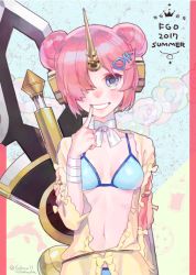 Rule 34 | 1girl, bandages, bandaged arm, bandages, bikini, blue bikini, blue eyes, blush, breasts, choker, double bun, fate/grand order, fate (series), finger to mouth, frankenstein&#039;s monster (fate), frankenstein&#039;s monster (swimsuit saber) (fate), grin, hair over one eye, horns, jacket, long sleeves, looking at viewer, navel, pink hair, sara (kurome1127), single horn, small breasts, smile, swimsuit, sword, twitter username, upper body, weapon, white choker, yellow jacket