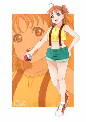 Rule 34 | 1girl, breasts, cosplay, creatures (company), game freak, highres, holding, looking at viewer, love live!, love live! sunshine!!, midriff, misty (pokemon), misty (pokemon) (cosplay), navel, nintendo, open mouth, orange hair, poke ball, pokemon, pokemon (anime), pokemon (classic anime), runi (87025), shirt, short hair, shorts, side ponytail, sleeveless, sleeveless shirt, smile, solo, suspenders, takami chika