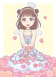 Rule 34 | 10s, 1girl, :d, angel wings, artist request, brown hair, choker, double bun, dress, drooling, frilled dress, frills, hairband, halo, heart, heart-shaped pupils, idolmaster, idolmaster cinderella girls, ito (favo0999), itou (yit0999), munakata atsumi, open mouth, purple eyes, smile, solo, symbol-shaped pupils, wings