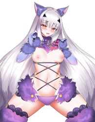 Rule 34 | 1girl, animal ears, avil, bare shoulders, bow, breasts, breasts out, brown eyes, cosplay, elbow gloves, melusine (fate), fate/grand order, fate (series), forked eyebrows, fur-trimmed gloves, fur-trimmed legwear, fur collar, fur trim, gloves, highres, lace, lace-trimmed legwear, lace trim, long hair, looking at viewer, mash kyrielight, mash kyrielight (dangerous beast), mash kyrielight (dangerous beast) (cosplay), navel, nipples, o-ring, official alternate costume, open mouth, pink bow, purple gloves, purple legwear, revealing clothes, sidelocks, small breasts, smile, solo, tail, thighs, white hair, wolf ears, wolf tail