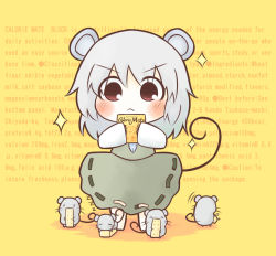 Rule 34 | 1girl, :&lt;, ^ ^, animal ears, bad id, bad pixiv id, caloriemate, chibi, closed eyes, dress, eating, english text, engrish text, female focus, grey hair, jewelry, long sleeves, mouse (animal), mouse ears, mouse tail, nazrin, pendant, ranguage, red eyes, short hair, sleeping, solo, south114, sparkle, tail, touhou, zzz, | |