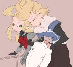 Rule 34 | 1boy, 1girl, ahoge, ass, bent over, black gloves, blonde hair, blue eyes, blush, bravely default: flying fairy, bravely default (series), breasts, clothed sex, clothes lift, commentary, edea lee, elbow gloves, english commentary, from behind, gloves, green eyes, heavy breathing, hetero, highres, long hair, looking at another, looking back, looking down, medium breasts, open mouth, pantyhose, penis, ringabel, simple background, sketch, skirt, skirt lift, small breasts, smile, spicy bardo, standing, sweat, uncensored