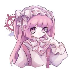 Rule 34 | 1girl, backpack, bag, bow, bowtie, closed mouth, commentary request, cropped torso, expressionless, finger to eye, grey background, hand on own face, hand up, headdress, highres, long hair, looking at viewer, original, pink eyes, pink hair, simple background, solo, tira 27, white bow, white bowtie