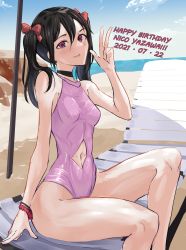 Rule 34 | 1girl, absurdres, artist name, artist request, bare legs, beach, black choker, black hair, blue sky, blush, bow, bracelet, breasts, chain, choker, cloud, day, female focus, flat chest, hair between eyes, hair bow, hair over shoulder, highres, jewelry, long hair, looking at viewer, love live!, love live! school idol project, ocean, on chair, outdoors, parted lips, pink one-piece swimsuit, red bow, red eyes, red scrunchie, scrunchie, short hair, short twintails, sitting, sky, small breasts, smile, solo, swimsuit, thighhighs, twintails, v, wrist scrunchie, yazawa nico