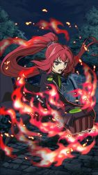 Rule 34 | 10s, 1girl, black eyes, black pants, brown gloves, fingerless gloves, fire, floating hair, gloves, high ponytail, highres, jujo mito, long hair, looking at viewer, military, military uniform, night, open mouth, owari no seraph, pants, red hair, solo, tree, uniform, very long hair