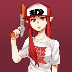 Rule 34 | 1girl, absurdres, baseball cap, breasts, fujie yamato, hat, highres, humanization, inkling, inkling girl, inkling player character, looking at viewer, nintendo, parted lips, pointy ears, red background, red eyes, red hair, shirt, simple background, solo, splatoon (series), splatoon 1, t-shirt