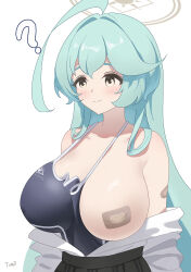 Rule 34 | 1girl, ?, ahoge, bandaid, bandaids on nipples, blue archive, breasts, breasts out, green hair, highres, huge breasts, one breast out, pasties, solo, tomid, yume (blue archive)