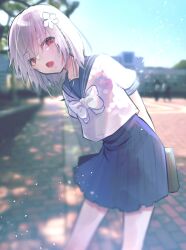 Rule 34 | 1girl, a certain high school uniform, accelerator (toaru majutsu no index), albino, androgynous, arms behind back, bag, bare legs, blue sailor collar, blue skirt, blurry, blurry background, bow, cityscape, cowboy shot, dappled sunlight, day, electrodes, flat chest, flower, hair flower, hair ornament, head tilt, highres, holding, holding bag, leaning to the side, looking at viewer, lower teeth only, medium hair, open mouth, pale skin, red eyes, road, ryokutou, sailor collar, school bag, school uniform, shirt, short sleeves, skirt, solo, standing, street, summer uniform, sunlight, suzushina yuriko, talking, teeth, toaru majutsu no index, white bow, white hair, white shirt