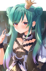 Rule 34 | 1girl, absurdres, amefukura art, black choker, black dress, black jacket, blush, choker, closed mouth, colored tips, commentary request, crown, double bun, dress, earrings, green hair, hair bun, highres, hololive, jacket, jewelry, long hair, looking at viewer, mini crown, multicolored hair, official alternate costume, open clothes, open jacket, playing with own hair, purple hair, red eyes, sidelocks, skull earrings, solo, streaked hair, twintails, uneven twintails, upper body, uruha rushia, uruha rushia (3rd costume), virtual youtuber, wrist cuffs