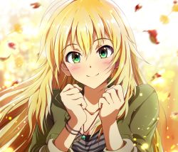 Rule 34 | 1girl, autumn leaves, blonde hair, blurry, blurry background, blush, breasts, cleavage, clenched hands, closed mouth, collarbone, commentary request, day, depth of field, falling leaves, glint, green eyes, green jacket, highres, hina (araburu-hinadori), hoshii miki, idolmaster, idolmaster (classic), jacket, jewelry, leaf, light particles, long hair, long sleeves, looking at viewer, medium breasts, motion blur, necklace, open clothes, open jacket, outdoors, pendant, shirt, smile, solo, striped clothes, striped shirt, tareme, upper body, wristband