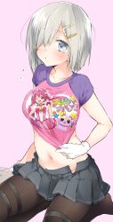 Rule 34 | 10s, 1girl, ;d, alternate costume, black pantyhose, blue eyes, blush, bow, breasts, cameo, candy (smile precure!), character print, clothes pull, clothes writing, commentary request, cure happy, gloves, grey skirt, hair ornament, hair over one eye, hairclip, hamakaze (kancolle), head wings, highres, kantai collection, large breasts, long hair, magical girl, mini wings, multicolored shirt, navel, one eye closed, open mouth, pantyhose, pink bow, pink eyes, pink hair, pleated skirt, precure, print shirt, raglan sleeves, seiza, shirt, shirt pull, short hair, short sleeves, silver hair, simple background, sino (sionori), sitting, skirt, smile, smile precure!, solo, star (symbol), thigh strap, tiara, twintails, white gloves, wings