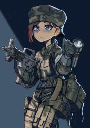 Rule 34 | 1girl, ammunition pouch, belt pouch, breasts, brown hair, buckle, camouflage, camouflage headwear, camouflage jacket, camouflage pants, canteen, closed mouth, colt 9mm smg, cowboy shot, erica (naze1940), field cap, finger on trigger, flashlight, gloves, grey eyes, gun, gun sling, highres, holding, holding flashlight, holding gun, holding weapon, jacket, military, military uniform, original, pants, ponytail, pouch, short hair, sling (weapon), snap-fit buckle, solo, submachine gun, uniform, weapon, weapon request