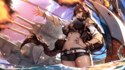 Rule 34 | &gt;:o, 1girl, :o, absurdres, azur lane, bare shoulders, bracelet, braid, breasts, brown eyes, brown hair, covered erect nipples, cowboy shot, crop top, detached sleeves, firing, hair between eyes, hair ornament, han-0v0, hand on own hip, highres, jewelry, large breasts, long hair, navel, ocean, open mouth, outstretched arm, partially submerged, short shorts, shorts, side braid, single braid, skindentation, solo, south dakota (azur lane), stomach, turret, v-shaped eyebrows, very long hair, wading, wet