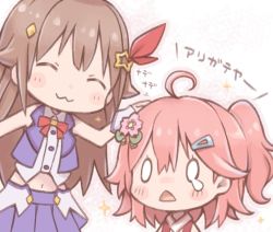 Rule 34 | 2girls, :3, ahoge, bare shoulders, blue skirt, blush, brown hair, buttons, cherry blossoms, chibi, closed eyes, collar, detached sleeves, flower, hair between eyes, hair flower, hair ornament, hairclip, headpat, hololive, kuro (kuroneko no kanzume), multiple girls, navel, nontraditional miko, one side up, pink hair, sakura miko, sakura miko (old design), skirt, sparkle, tears, tokino sora, tokino sora (1st costume), triangle mouth, virtual youtuber, white collar, white sleeves