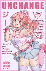 Rule 34 | 1girl, accessories, bandages, breasts, brown eyes, character name, copyright name, cover, crop top, excited, fake magazine cover, fang, gina (undead unluck), gintoeki, gyaru, hair ornament, happy, heart stickers, highres, leg warmers, magazine cover, midriff, open mouth, pink footwear, pink hair, pink leg warmers, pink nails, skirt, small breasts, star sticker, sticker, thighhighs, thighs, twitter username, undead unluck, v