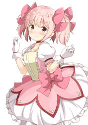 Rule 34 | 1girl, absurdres, aikawa ryou, blush, bow, bubble skirt, collarbone, commentary request, dress, gem, gloves, hair between eyes, hair bow, highres, kaname madoka, large bow, long hair, looking at viewer, magical girl, mahou shoujo madoka magica, mahou shoujo madoka magica (anime), pink eyes, pink hair, pink pow, simple background, skirt, solo, twintails, white background, white dress, white gloves