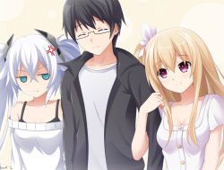 Rule 34 | 10s, 1boy, 2girls, anger vein, arm grab, bad id, bad pixiv id, bare shoulders, black heart (neptunia), blonde hair, blue eyes, blush, bra strap, breasts, casual, cleavage, crossover, date a live, elbow gloves, glasses, gloves, hetero, keenh, long hair, looking at viewer, mayuri (date a live), medium breasts, multiple girls, neptune (series), noire (neptunia), purple eyes, small breasts, twintails, very long hair, white hair