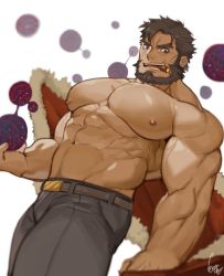 Rule 34 | 1boy, abs, bara, beard, black hair, bulge, bursting pectorals, christmas, cigar, ded (housamo), dutch angle, facial hair, feet out of frame, forked eyebrows, gomtang, grey pants, holding, jacket, large pectorals, looking at viewer, male focus, mature male, muscular, muscular male, navel, navel hair, nipples, pants, pectorals, red jacket, santa costume, topless male, short hair, solo, stomach, thick eyebrows, thick thighs, thighs, tokyo houkago summoners
