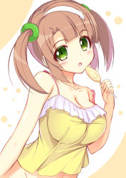 Rule 34 | 10s, 1girl, :o, bare shoulders, blush, breasts, brown hair, camisole, candy, cleavage, collarbone, green eyes, groin, hair rings, highres, kageira, large breasts, lollipop, looking at viewer, minori (senran kagura), navel, open mouth, senran kagura, senran kagura shinovi versus, short hair, sleeveless, solo, twintails, upper body