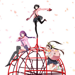 3girls :d album_cover anime_coloring arm_support backpack bag balancing_on_leg black_eyes black_footwear black_hair black_leggings black_necktie black_thighhighs blue_eyes blue_skirt blunt_bangs braid braided_ponytail breasts brown_eyes brown_hair character_backpack cherry_blossoms collar cover crossdressing dot_nose falling_petals fang grey_necktie grey_skirt hachikuji_mayoi hand_up head_tilt headband highres jungle_gym leg_support leg_up leggings long_hair long_sleeves looking_at_viewer looking_back medium_eyebrows messy_hair monogatari_(series) multiple_girls naoetsu_high_school_uniform necktie no_pupils official_alternate_hair_color official_art open_mouth oshino_ougi outstretched_arms owarimonogatari parted_lips petals pink_bag pink_footwear pink_shirt pleated_skirt ponytail purple_hair red_collar red_sleeve_cuffs red_trim school_uniform senjougahara_hitagi shirt short_hair short_sleeves sidelocks simple_background sitting skin_fang skirt sleeves_past_fingers sleeves_past_wrists small_breasts smile socks spread_arms standing standing_on_one_leg thighhighs twintails v white_background white_headband white_shirt white_socks