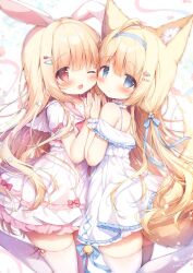 Rule 34 | 2girls, ahoge, animal ear fluff, animal ears, bell, blonde hair, blue dress, blue eyes, blush, cheek-to-cheek, child, commentary, dress, face-to-face, fox ears, fox girl, fox tail, hair ornament, hairband, hairclip, heads together, highres, holding hands, jingle bell, leg up, long hair, looking at viewer, momozu komamochi, multiple girls, one eye closed, open mouth, original, pink dress, rabbit ears, rabbit girl, red eyes, ribbon, short sleeves, sleeveless, sleeveless dress, smile, standing, standing on one leg, sundress, symbol-only commentary, tail, thighhighs, thighs, very long hair, virtual youtuber, white thighhighs