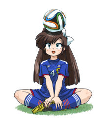 Rule 34 | ball, brown hair, kuonji ukyou, ranma 1/2, ribbon, sitting, soccer ball, soccer uniform, sportswear, wanta (futoshi)