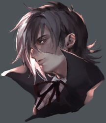 Rule 34 | 1boy, black coat, black hair, black jack (character), black jack (series), closed mouth, coat, collar, collared shirt, from side, grey background, highres, light smile, long sideburns, looking at viewer, male focus, multicolored hair, neck ribbon, patchwork skin, realistic, red eyes, red ribbon, ribbon, scar, scar on face, shirt, short hair, sideburns, simple background, solo, split-color hair, two-tone hair, white hair, white shirt, yonekura naoyasu