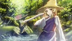 Rule 34 | 1girl, absurdres, blonde hair, blurry, blurry foreground, blush, brown eyes, brown hat, commentary request, day, depth of field, forest, hair ribbon, hat, highres, hoshimiya aki, long hair, long sleeves, looking at viewer, moriya suwako, moss, nature, outdoors, parted lips, purple skirt, purple vest, rain, red ribbon, ribbon, shirt, skirt, skirt set, sleeves past wrists, snake, solo, torii, touhou, tree, vest, water, white shirt, white snake, wide sleeves