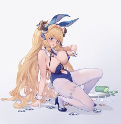 Rule 34 | 1girl, animal ears, arm support, bare shoulders, blonde hair, blue eyes, blue footwear, blue leotard, blue neckwear, breasts, broken bottle, broken cup, cleavage, clothing cutout, commentary request, detached collar, draph, fake animal ears, fingernails, full body, granblue fantasy, grey background, high heels, highleg, highleg leotard, highres, horns, large breasts, leotard, long hair, navel cutout, open mouth, pantyhose, playboy bunny, pointy ears, poker chip, rabbit tail, razia, shadow, shiny skin, simple background, strapless, strapless leotard, sweat, sweatdrop, tail, thigh strap, tray, u jie, white pantyhose, wrist cuffs