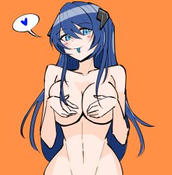 Rule 34 | 1girl, absurdres, arknights, blue eyes, blue hair, blue tongue, blush, breasts, collarbone, colored tongue, commentary, completely nude, cowboy shot, demon horns, english commentary, hair over breasts, heart, highres, horns, large breasts, long hair, looking at viewer, mostima (arknights), navel, nude, orange background, out-of-frame censoring, simple background, smile, solo, spoken heart, stomach, tongue, tongue out, yosua 0669