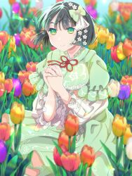 1girl absurdres aoku_haruka black_hair blunt_bangs blunt_ends blush bow commentary_request field flower flower_field gradient_hair green_bow green_eyes green_hair green_kimono hair_bow highres interlocked_fingers japanese_clothes kimono layered_sleeves link!_like!_love_live! long_sleeves love_live! momose_ginko multicolored_hair official_alternate_costume orange_flower orange_tulip own_hands_clasped own_hands_together partial_commentary puffy_short_sleeves puffy_sleeves purple_flower purple_tulip shirane_nanimo short_hair short_over_long_sleeves short_sleeves smile solo tulip virtual_youtuber white_sleeves yellow_flower yellow_tulip