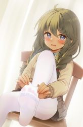 Rule 34 | 1girl, :o, adjusting clothes, adjusting legwear, ahoge, blue eyes, blush, braid, brown hair, chair, clothes pull, collared shirt, commentary, feet, foot focus, fukuro daizi, green hair, hair between eyes, highres, long hair, looking at viewer, no shoes, open mouth, pantyhose, pantyhose pull, pleated skirt, princess connect!, school uniform, shirt, sidelocks, sitting, skirt, solo, sweater, toes, twin braids, white pantyhose, white shirt, yuni (princess connect!), yuni (real) (princess connect!)