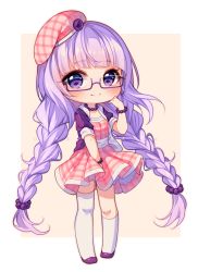 Rule 34 | 1girl, artist name, asymmetrical legwear, bead bracelet, bead necklace, beads, beret, blush, bracelet, braid, breasts, brown background, chibi, closed mouth, collarbone, commentary, commission, dress, english commentary, full body, glasses, hair beads, hair ornament, hand up, hat, hyanna-natsu, jacket, jewelry, kneehighs, long hair, low twintails, necklace, original, pink dress, pink hat, plaid, plaid dress, plaid headwear, pleated skirt, purple-framed eyewear, purple eyes, purple footwear, purple hair, purple jacket, semi-rimless eyewear, shoes, short sleeves, single kneehigh, single sock, single thighhigh, skirt, small breasts, smile, socks, solo, standing, thighhighs, tilted headwear, twin braids, twintails, two-tone background, under-rim eyewear, uneven legwear, very long hair, watermark, white background, white socks