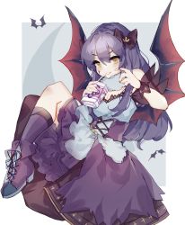 Rule 34 | 1girl, bat (animal), bat wings, black bow, bow, box, breasts, cleavage, commentary, corset, drinking straw, english commentary, finger to cheek, floating, hair between eyes, hair bow, highres, holding, holding box, juice box, looking at viewer, purple skirt, second-party source, skirt, smile, solo, sorani (kaeru0768), tsunderia, virtual youtuber, wings, wrist cuffs, yazaki kallin, yellow eyes