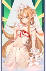 Rule 34 | 1girl, absurdres, armband, asuna (sao-alo), bare shoulders, braid, breasts, brown eyes, brown hair, choker, closed mouth, daffodil, flower, hair flower, hair ornament, half updo, hand on own chest, highres, long hair, midriff, navel, one side up, pointy ears, qingxingdeng (qaq), ribbon, sidelocks, small breasts, smile, solo, sword art online, very long hair, wading