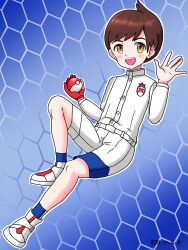 Rule 34 | 1boy, artist request, brown eyes, brown hair, child, clenched hand, creatures (company), florian (pokemon), full body, game freak, gloves, gradient background, hand up, happy, highres, holding, holding poke ball, honeycomb (pattern), honeycomb background, legs, long sleeves, looking at viewer, male focus, matching hair/eyes, neck, nintendo, official alternate costume, open mouth, parted bangs, poke ball, pokemon, pokemon sv, school uniform, shirt, shirt tucked in, shoes, short hair, shorts, single glove, sneakers, socks, waving, white footwear, white shirt, white shorts