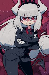 Rule 34 | 1girl, absurdres, arm under breasts, black jacket, black pants, breasts, business suit, cropped legs, crown, demon girl, formal, full body, gloves, helltaker, highres, jacket, large breasts, long hair, lucifer (helltaker), pants, rariatto (ganguri), red background, red shirt, shirt, simple background, solo, standing, suit, twitter username, white hair, zoom layer