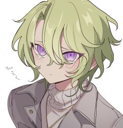 Rule 34 | 1boy, bad id, bad pixiv id, closed mouth, ensemble stars!, green hair, hair between eyes, jewelry, looking at viewer, male focus, meremero, necklace, purple eyes, sad, short hair, simple background, solo, sweater, tearing up, tears, tomoe hiyori, turtleneck, turtleneck sweater, upper body, white background