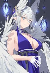 Rule 34 | 1girl, aqua eyes, blue dress, breasts, dress, eyelashes, feathered wings, gloves, grey hair, grey wings, hair between eyes, hairband, head wings, lantern, large breasts, long hair, looking at viewer, makeup, noy, original, pointy ears, simple background, sleeveless, sleeveless dress, smile, solo, steepled fingers, upper body, white hairband, wing ornament, wings